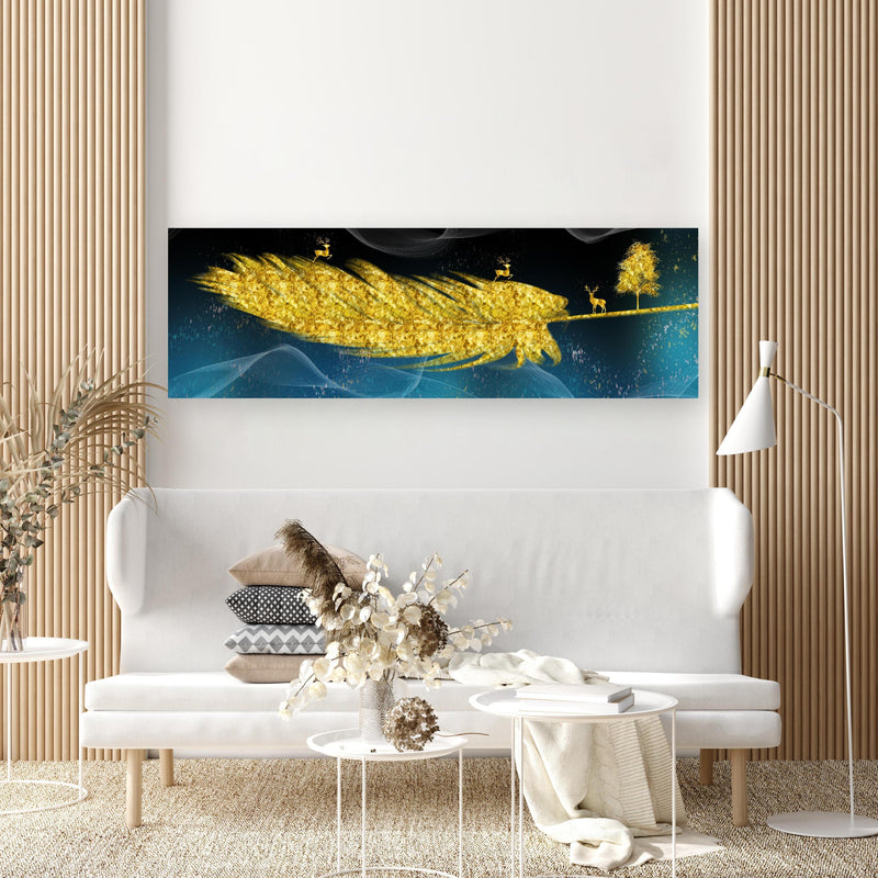Wandbild - Goldene Feder - 3D Muster in extravagant gestaltetem Raum mit minimalistischer Couch-rechteckig
