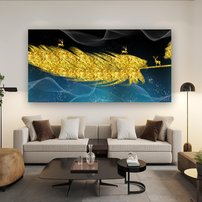 Wandbild - Goldene Feder - 3D Muster über Urban-Stil Couch hinter futuristischem Tisch