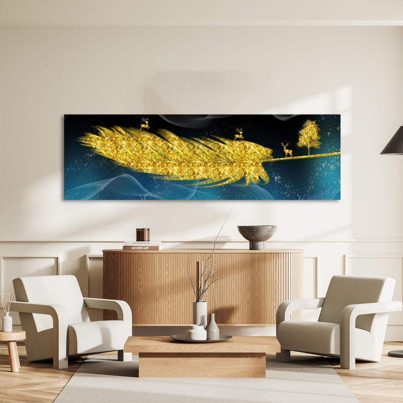 Wandbild - Goldene Feder - 3D Muster an heller Wand über stilvoller Holzkommode im Wohnzimmer