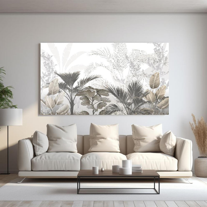 Wandbild - Gräulich - Florales Wandbild hinter sanfter Couch mit cremefarbenen großen Kissen