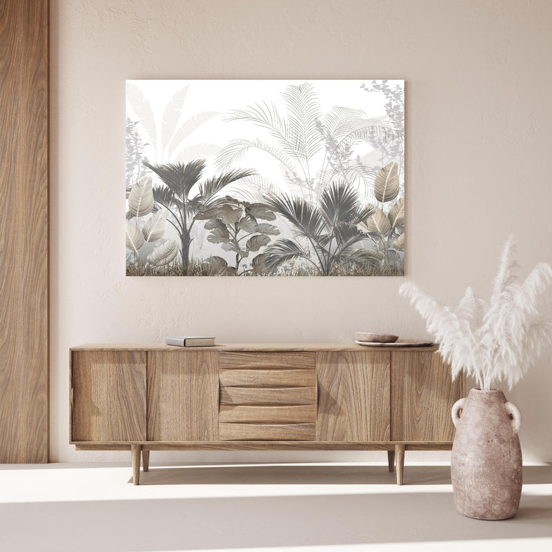 Wandbild - Gräulich - Florales Wandbild über Holzkommode hinter dekorativer Zimmerpflanze