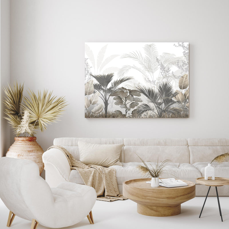 Wandbild - Gräulich - Florales Wandbild in exotisch eingerichtetem Wohnzimmer über gemütlicher Couch