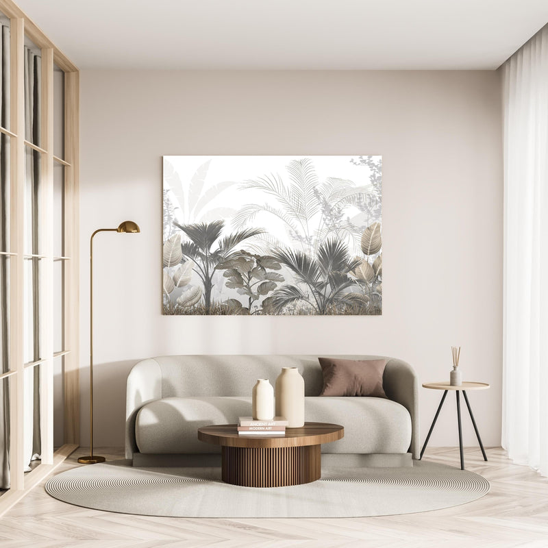 Wandbild - Gräulich - Florales Wandbild in minimalistisch eingerichtetem cremefarbenen Wohnzimmer