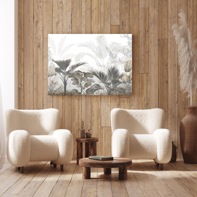 Wandbild - Gräulich - Florales Wandbild an Holzwand hinter sanften Sesseln mit Plüschbezug