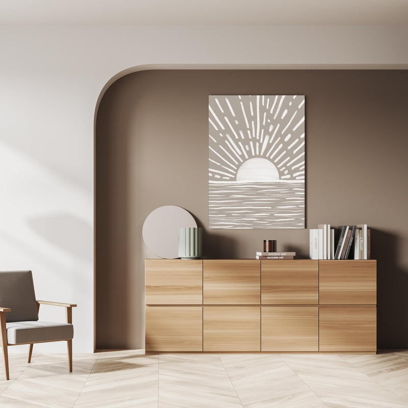 Wandbild - Gräuliches Design - Landschaft über doppelter Holzkommode mit Vase und Büchersammlung