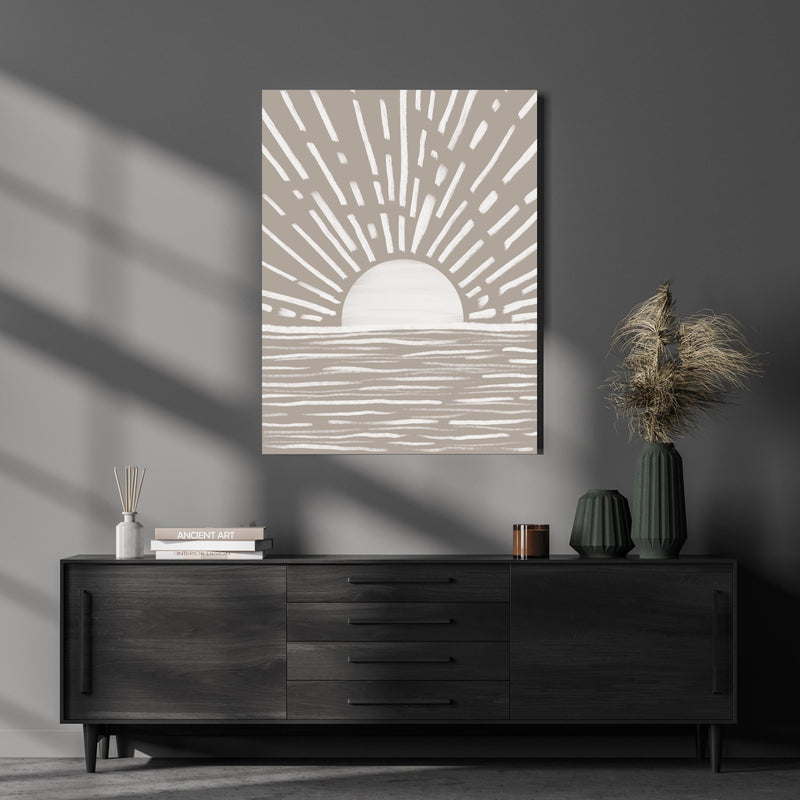 Wandbild - Gräuliches Design - Landschaft über luxuriöser Holzkommode und dunkelgrünen Vasen