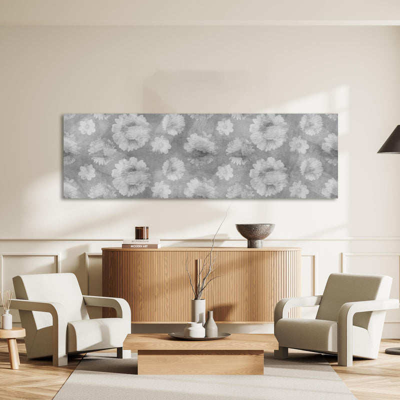 Wandbild - Graue Zement Wand mit weißem Blumenmuster an heller Wand über stilvoller Holzkommode im Wohnzimmer