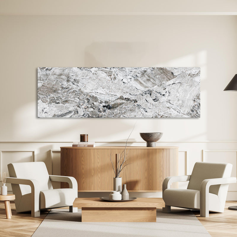 Wandbild - Graue abstrakte Marmor Stein Textur an heller Wand über stilvoller Holzkommode im Wohnzimmer