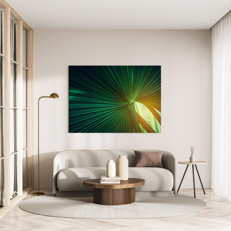 Wandbild - Grüne Blatt Textur in minimalistisch eingerichtetem cremefarbenen Wohnzimmer