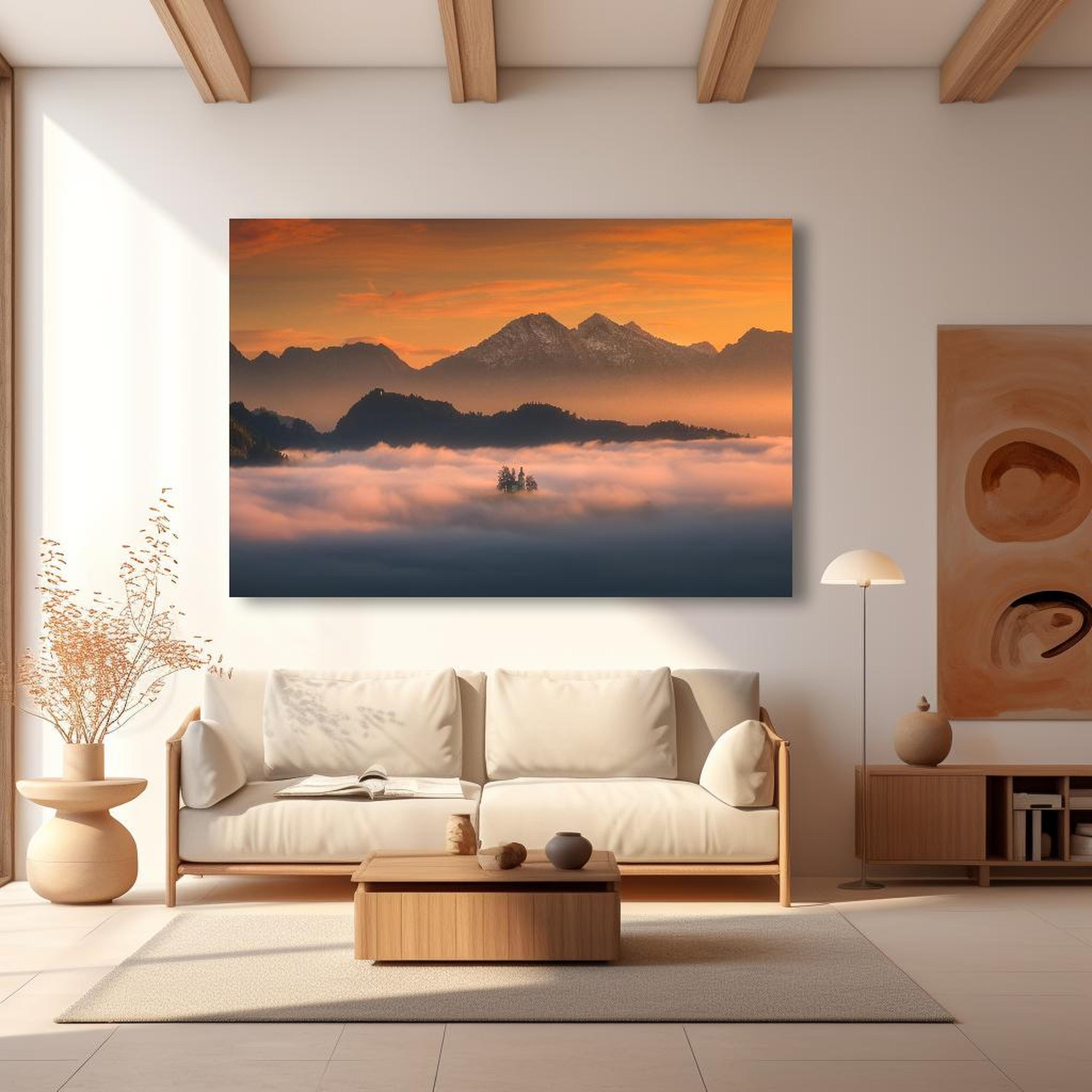 Wandbild - Haus in den Wolken in modernem Wohnzimmer im Loft-Stil