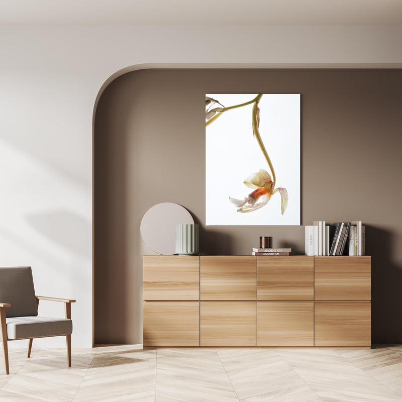 Wandbild - Helle Blume - Nahaufnahme über doppelter Holzkommode mit Vase und Büchersammlung