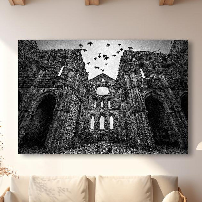 Wandbild - Historisches Kloster - San Galgano in modernem Wohnzimmer im Loft-Stil Zoom