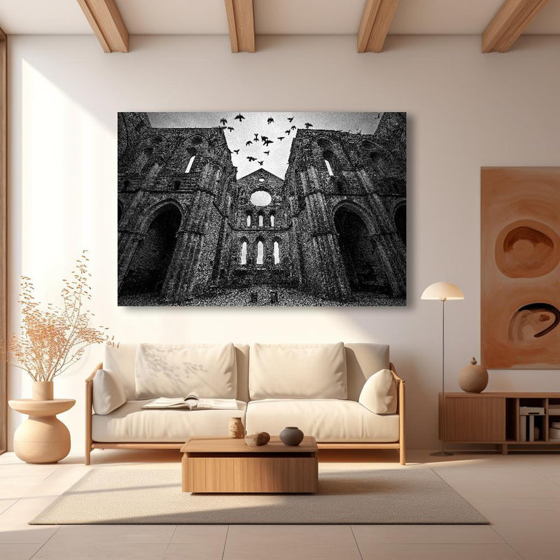 Wandbild - Historisches Kloster - San Galgano in modernem Wohnzimmer im Loft-Stil