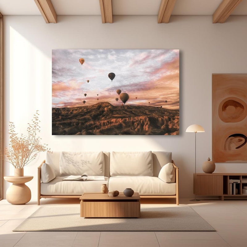 Wandbild - Kappadokien - Heißluft Ballons in modernem Wohnzimmer im Loft-Stil