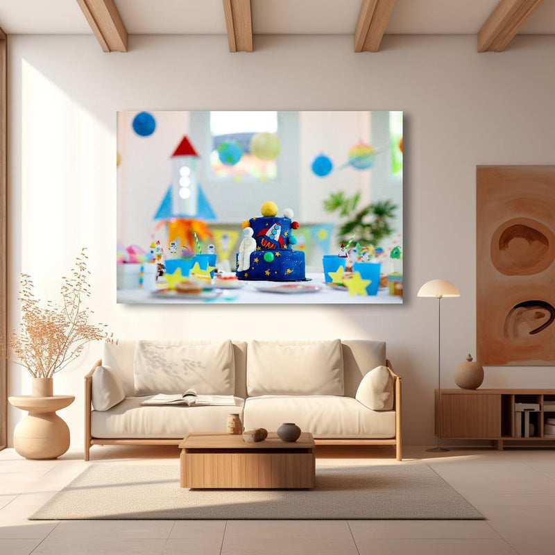 Wandbild - Kindergeburtstagsfeier zum Thema Weltraum mit Kuchen. in modernem Wohnzimmer im Loft-Stil