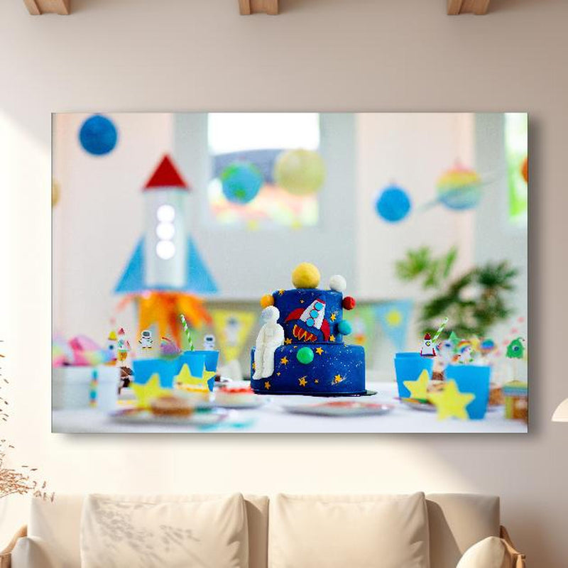 Wandbild - Kindergeburtstagsfeier zum Thema Weltraum mit Kuchen. in modernem Wohnzimmer im Loft-Stil Zoom