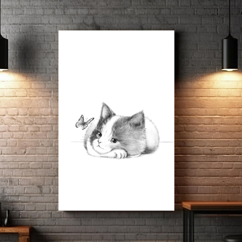 Wandbild - Kindermotiv einer Katze - Schwarz-weiß zwischen extravaganten Hängelampen und Holztischen Zoom
