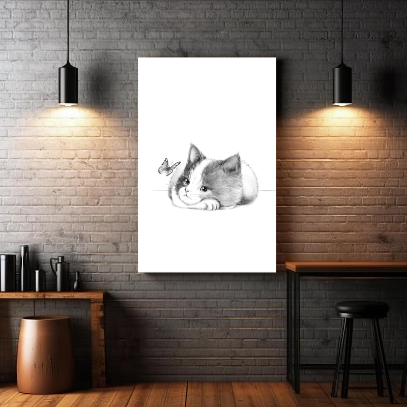 Wandbild - Kindermotiv einer Katze - Schwarz-weiß zwischen extravaganten Hängelampen und Holztischen