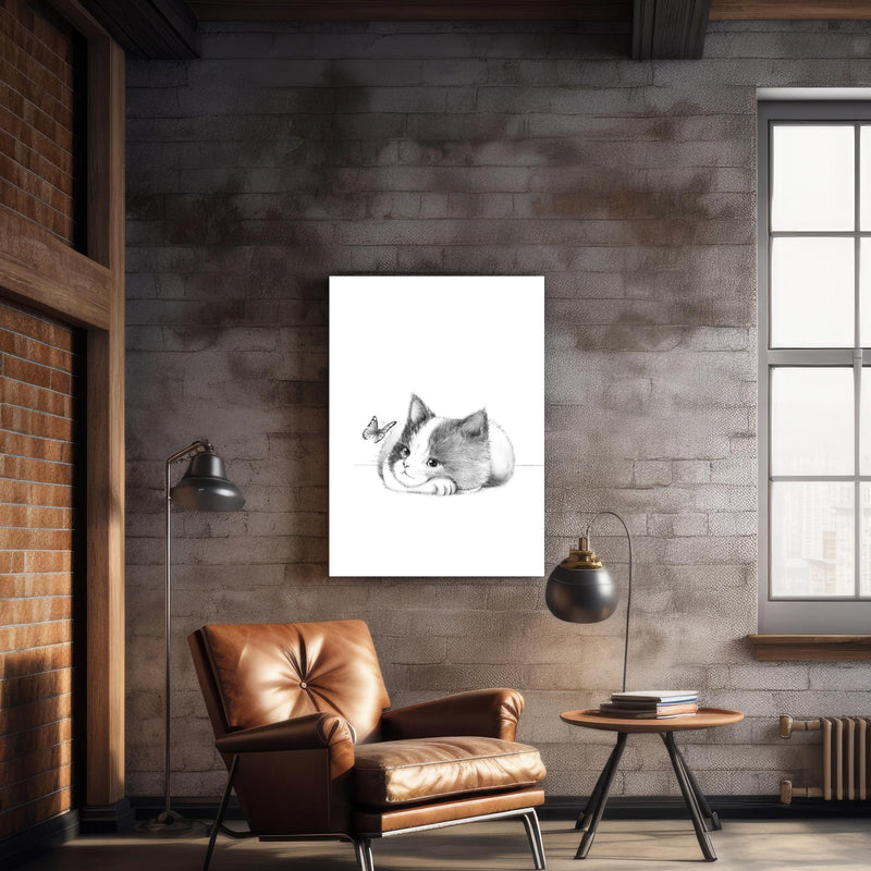 Wandbild - Kindermotiv einer Katze - Schwarz-weiß über geschmackvollem Sessel an rustikaler Ziegelwand