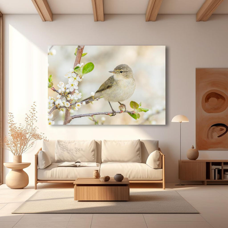 Wandbild - Kleiner Vogel am Baumzweig in modernem Wohnzimmer im Loft-Stil