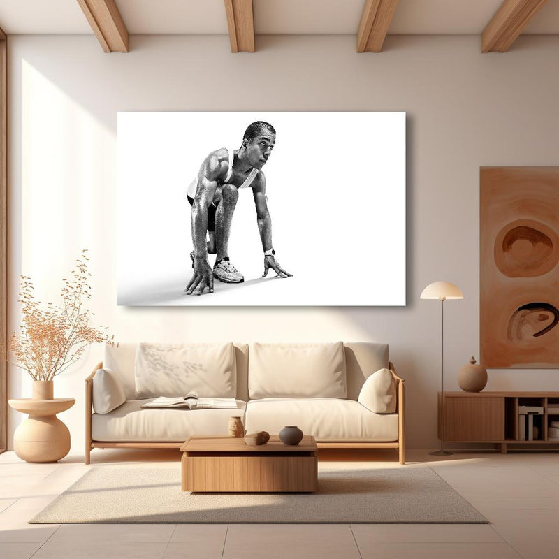 Wandbild - Läufer bereitet sich vor in modernem Wohnzimmer im Loft-Stil