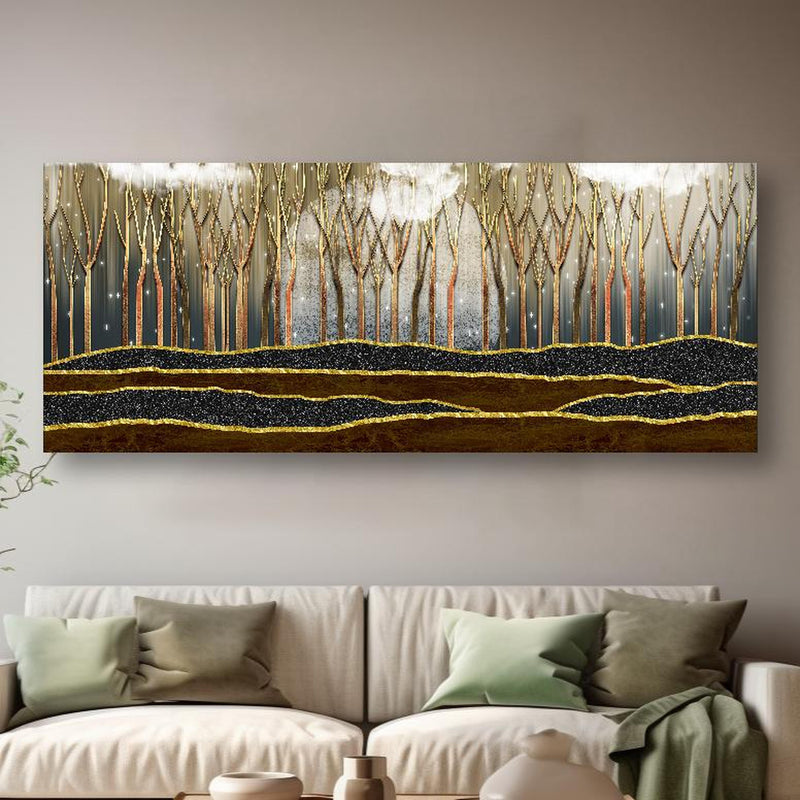 Wandbild - Landschafts Kunst- goldene Bäume in kreativ eingerichtetem Zimmer mit moderner Vase Zoom