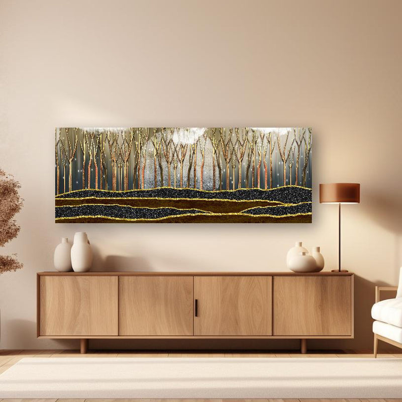 Wandbild - Landschafts Kunst- goldene Bäume in dezentem Wohnzimmer mit geölter Holzkommode