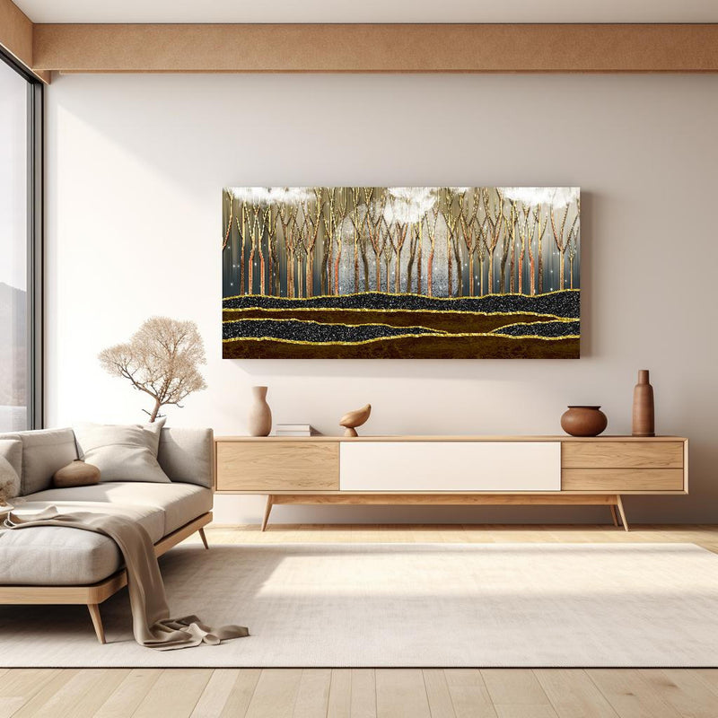 Wandbild - Landschafts Kunst- goldene Bäume in hellem Wohnzimmer über extravaganter Kommode