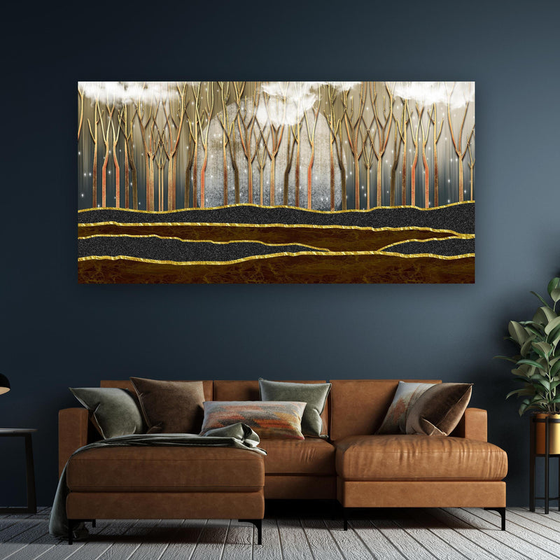 Wandbild - Landschafts Kunst- goldene Bäume an dunkelgrüner Wand über klassischem Sofa
