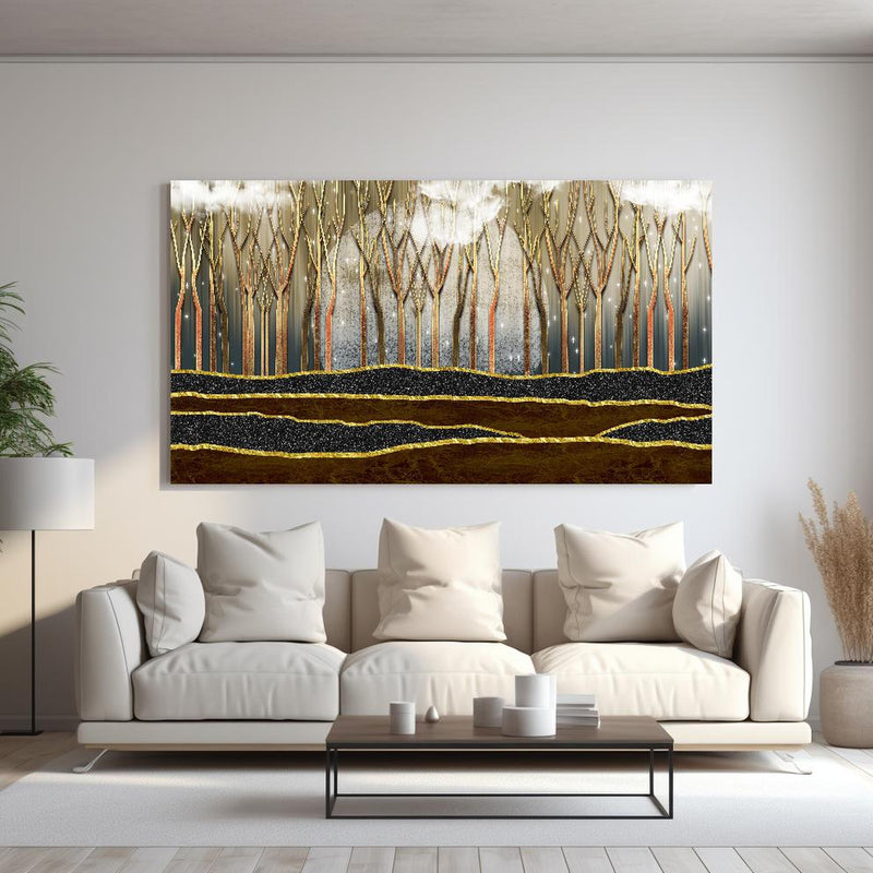 Wandbild - Landschafts Kunst- goldene Bäume hinter sanfter Couch mit cremefarbenen großen Kissen