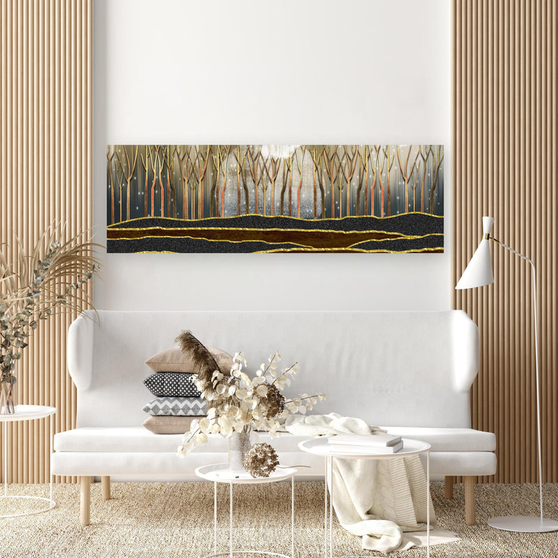 Wandbild - Landschafts Kunst- goldene Bäume in extravagant gestaltetem Raum mit minimalistischer Couch-rechteckig