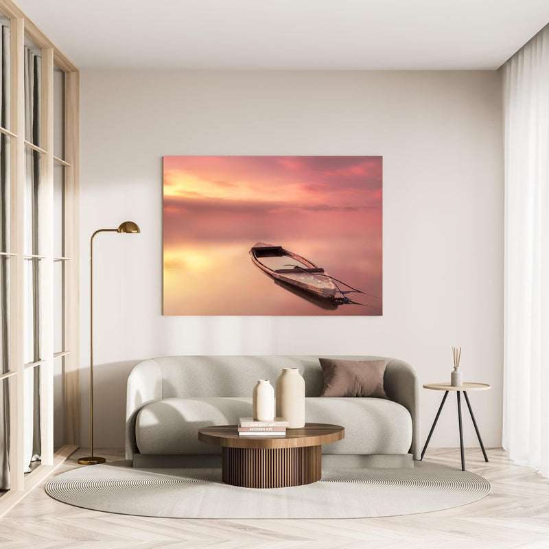 Wandbild - Leeres Boot -Traumwelt in minimalistisch eingerichtetem cremefarbenen Wohnzimmer