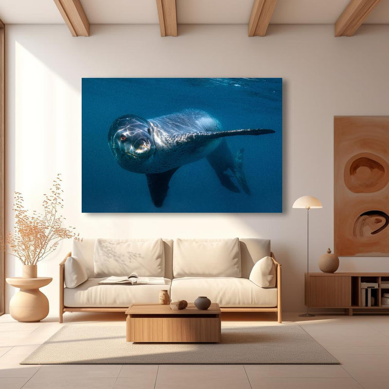 Wandbild - Leopardenrobbe alleine unter Wasser im Ozean in modernem Wohnzimmer im Loft-Stil