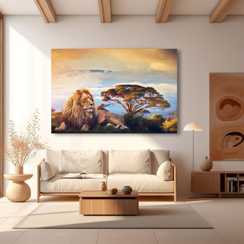 Wandbild - Löwe bei Sonnenuntergang in modernem Wohnzimmer im Loft-Stil
