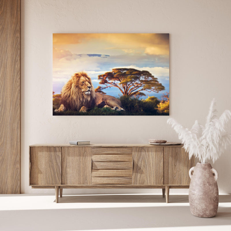 Wandbild - Löwe bei Sonnenuntergang über Holzkommode hinter dekorativer Zimmerpflanze