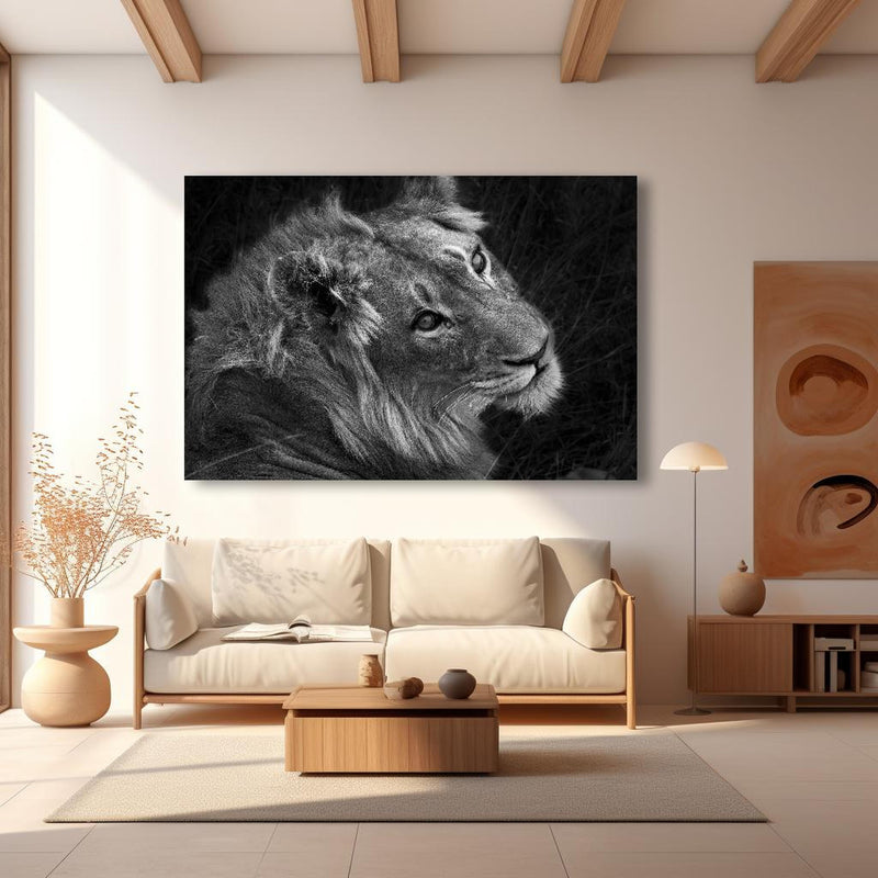 Wandbild - Löwen Portrait - Schwarz-weiß in modernem Wohnzimmer im Loft-Stil