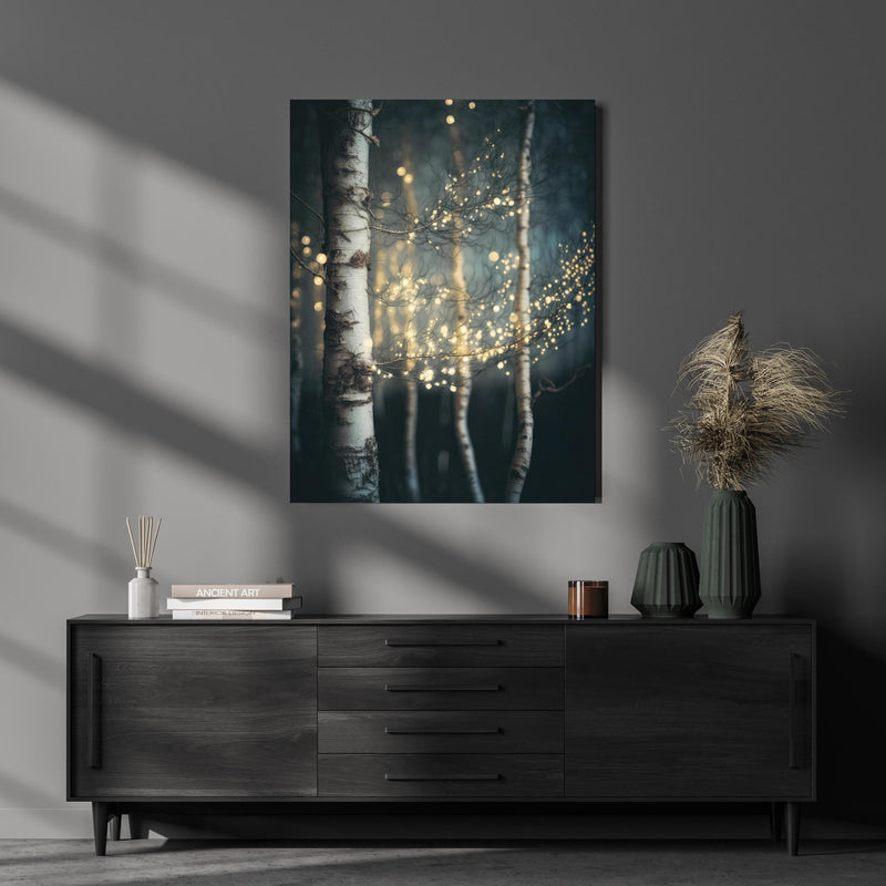 Wandbild - Magischer Wald über luxuriöser Holzkommode und dunkelgrünen Vasen