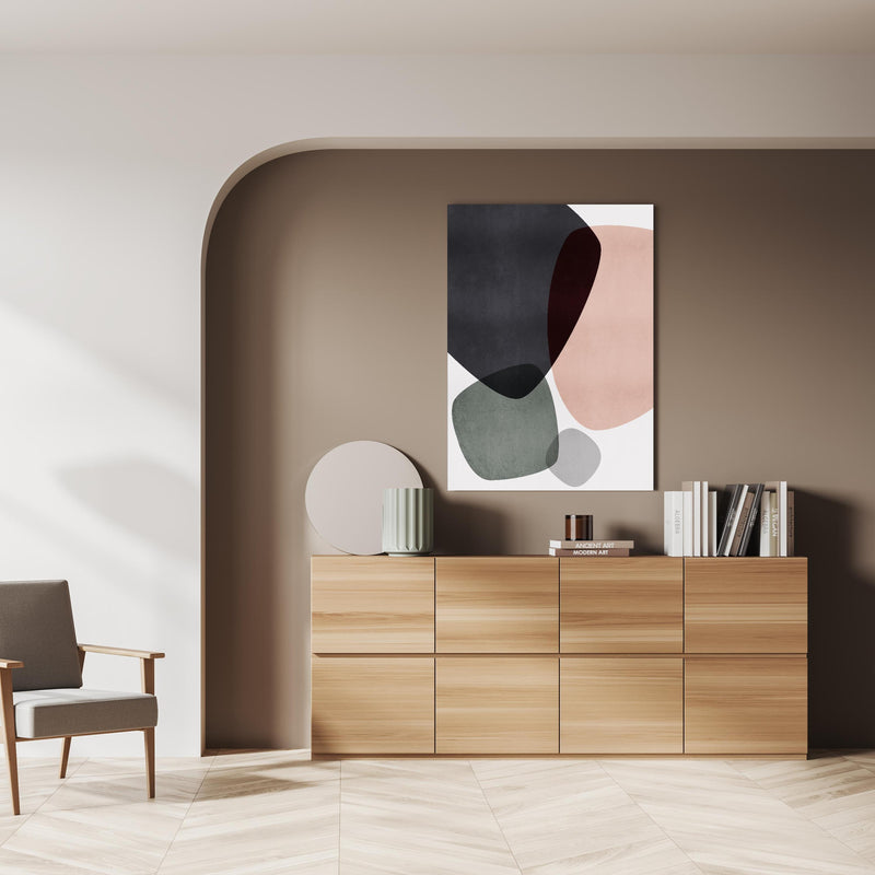 Wandbild - Minimalistisches Design  über doppelter Holzkommode mit Vase und Büchersammlung