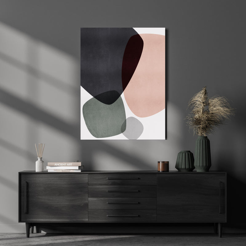 Wandbild - Minimalistisches Design  über luxuriöser Holzkommode und dunkelgrünen Vasen