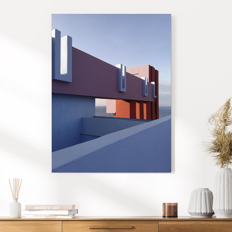 Wandbild - Moderne Architektur  an cremefarbener Wand über klassischer Holzkommode Zoom