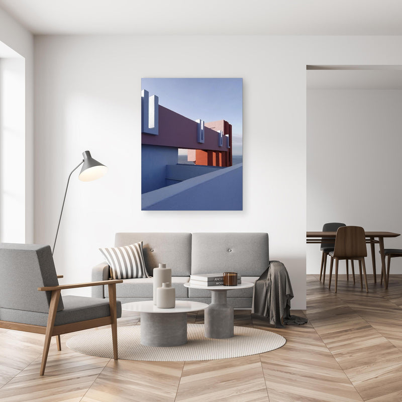 Wandbild - Moderne Architektur  in gemütlichem Wohnzimmer neben grauer Retro-Lampe