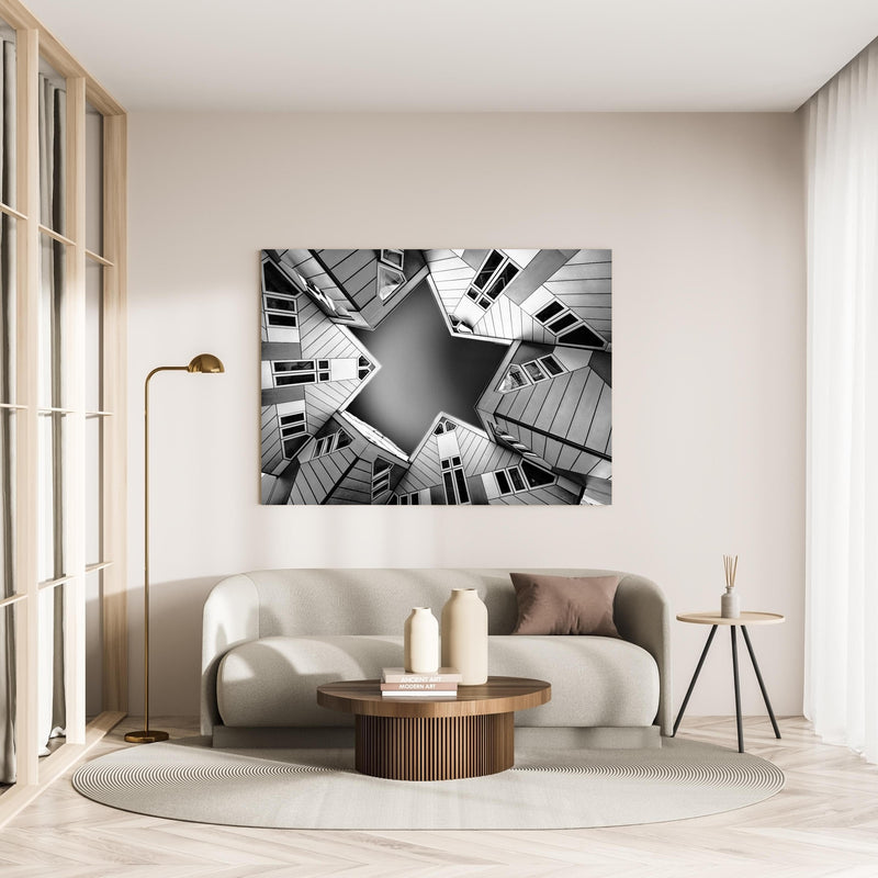 Wandbild - Moderne Hausstruktur - Niederlande in minimalistisch eingerichtetem cremefarbenen Wohnzimmer
