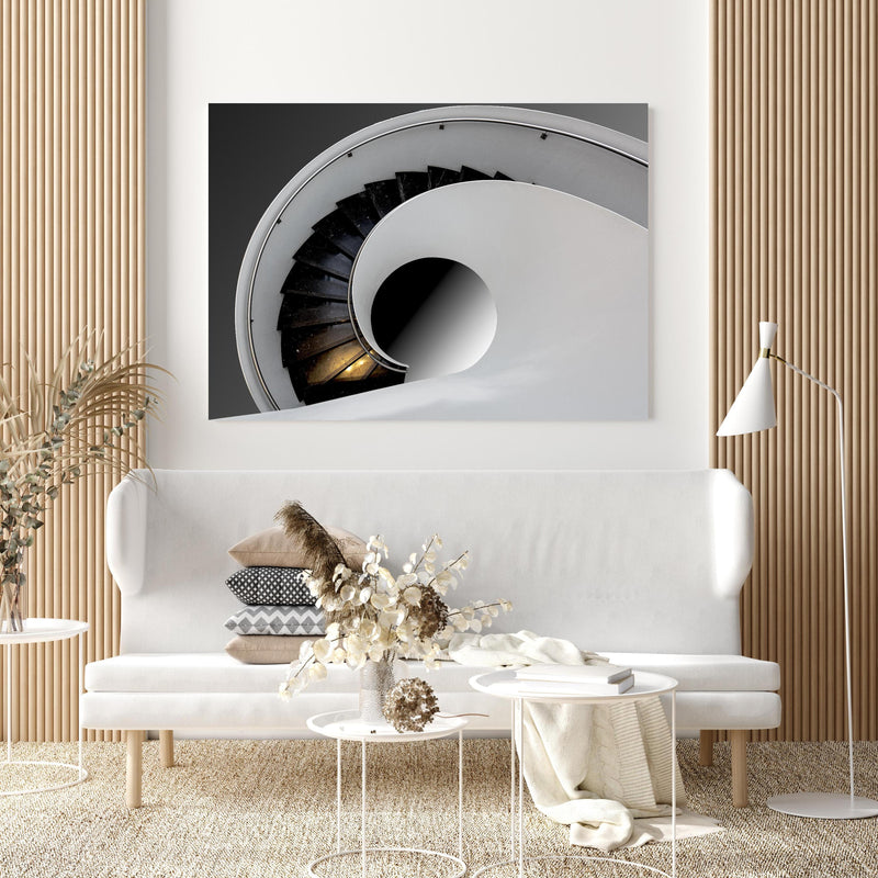 Wandbild - Moderne Treppen Architektur in extravagant gestaltetem Raum mit minimalistischer Couch-quadratisch