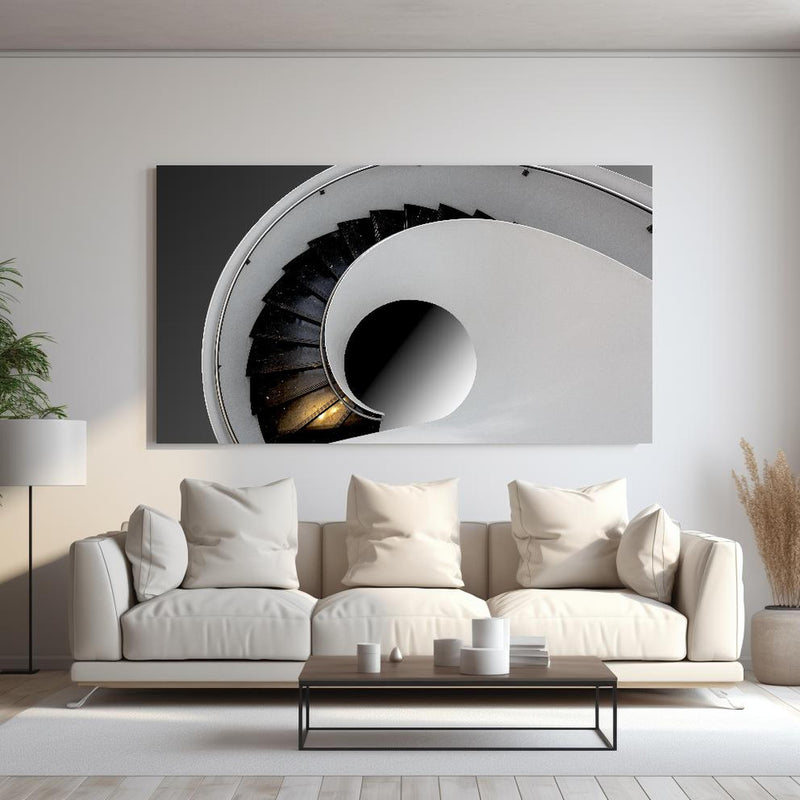 Wandbild - Moderne Treppen Architektur hinter sanfter Couch mit cremefarbenen großen Kissen