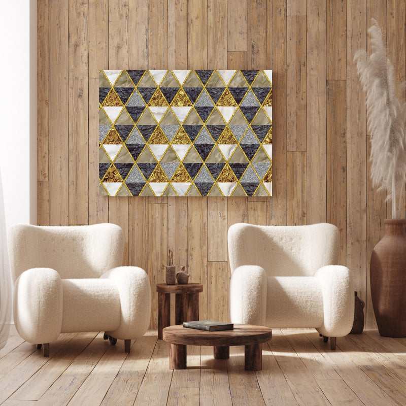 Wandbild - Moderne Wanddekoration - Mosaik an Holzwand hinter sanften Sesseln mit Plüschbezug