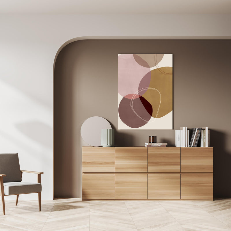 Wandbild - Modernes Design - Kreise über doppelter Holzkommode mit Vase und Büchersammlung