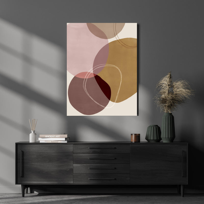 Wandbild - Modernes Design - Kreise über luxuriöser Holzkommode und dunkelgrünen Vasen