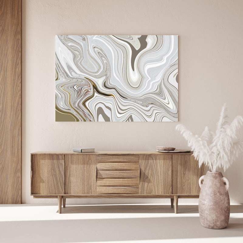 Wandbild - Modernes Kunstwerk - Flüssigkunst über Holzkommode hinter dekorativer Zimmerpflanze