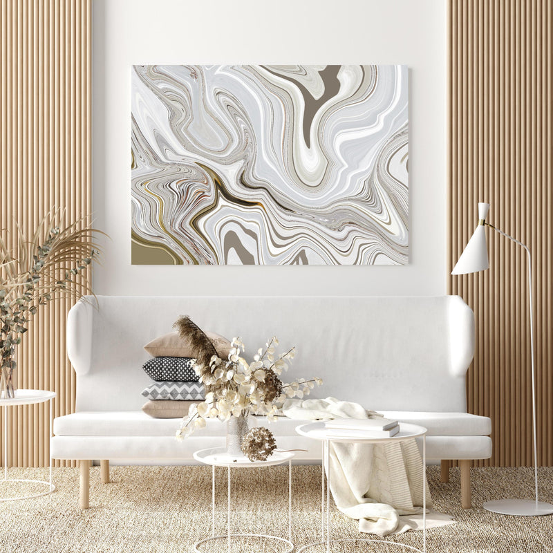 Wandbild - Modernes Kunstwerk - Flüssigkunst in extravagant gestaltetem Raum mit minimalistischer Couch-quadratisch