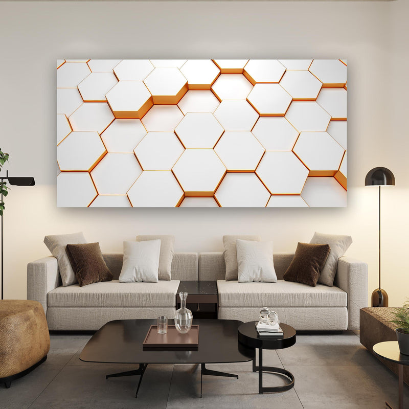 Wandbild - Modernes Sechseck Muster über Urban-Stil Couch hinter futuristischem Tisch